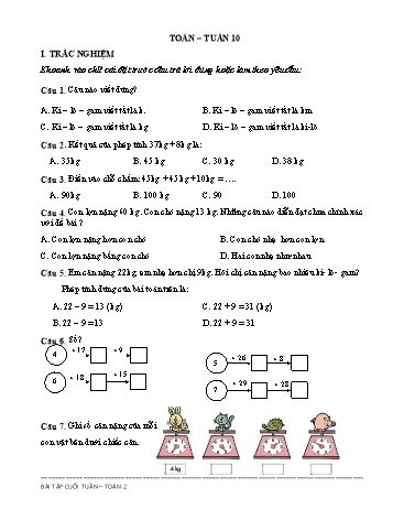 Đề ôn tập Toán Lớp 2 - Tuần 10