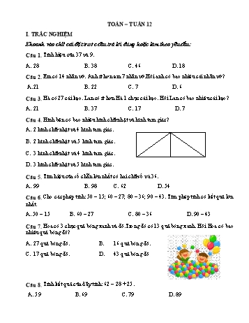 Đề ôn tập Toán Lớp 2 - Tuần 12