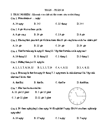 Đề ôn tập Toán Lớp 2 - Tuần 16