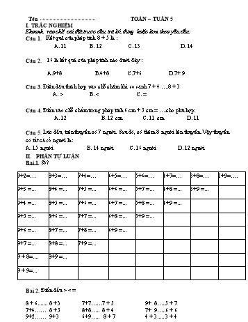Đề ôn tập Toán Lớp 2 - Tuần 5