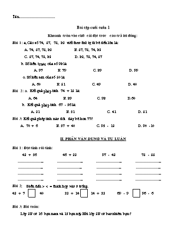 Đề ôn tập Toán + Tiếng Việt Lớp 2 - Tuần 1