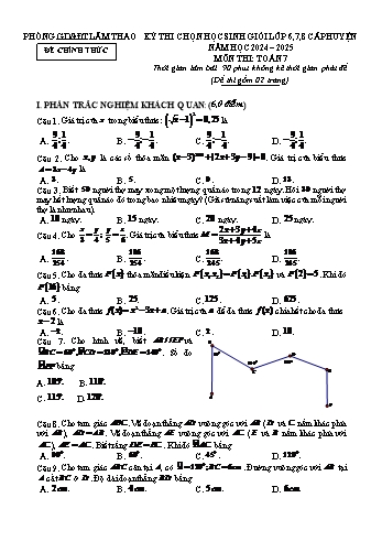 Đề thi chọn học sinh giỏi cấp Huyện năm học 2024-2025 môn Toán 7 (Có đáp án)