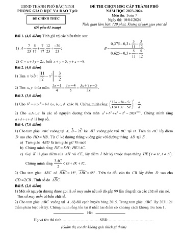Đề thi chọn học sinh giỏi cấp Thành phố năm học 2023-2024 môn Toán 7 (Có đáp án)