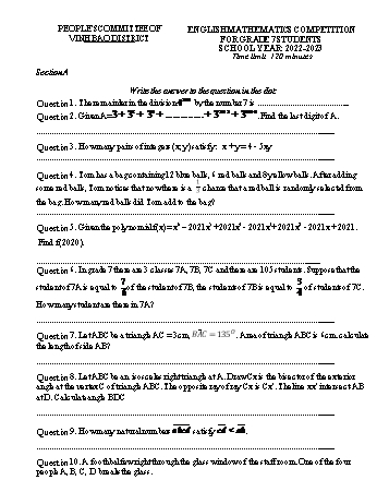 Đề thi giao lưu học sinh giỏi cấp Huyện năm học 2022-2023 song ngữ Toán 7 (Có đáp án)