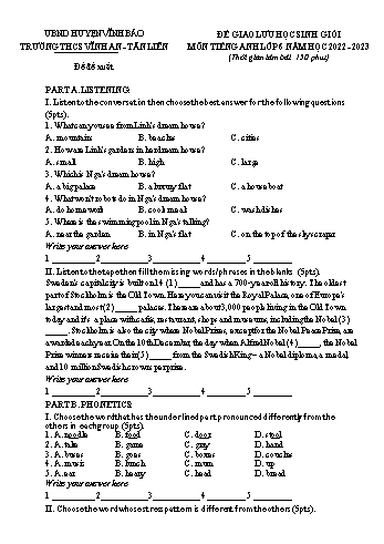 Đề thi giao lưu học sinh giỏi môn Tiếng Anh 6 năm học 2022-2023 - Trường THCS Vĩnh An Tân Liên