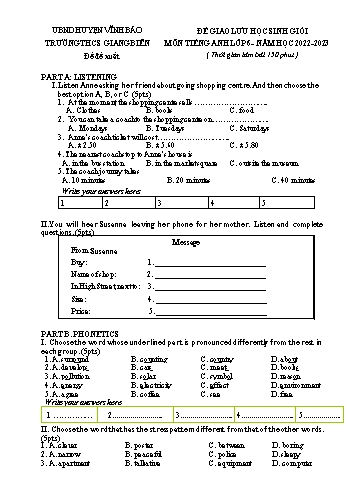 Đề thi giao lưu học sinh giỏi môn Tiếng Anh 6 năm học 2022-2023 - Trường THCS Giang Biên