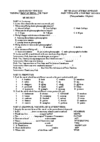 Đề thi giao lưu học sinh giỏi môn Tiếng Anh 6 năm học 2022-2023 - Trường THCS Tân Hưng Thị trấn