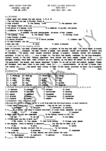 Đề thi giao lưu học sinh giỏi môn Tiếng Anh 7 năm học 2021-2022 (Có đáp án)