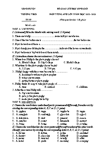 Đề thi giao lưu học sinh giỏi môn Tiếng Anh 7 năm học 2022-2023