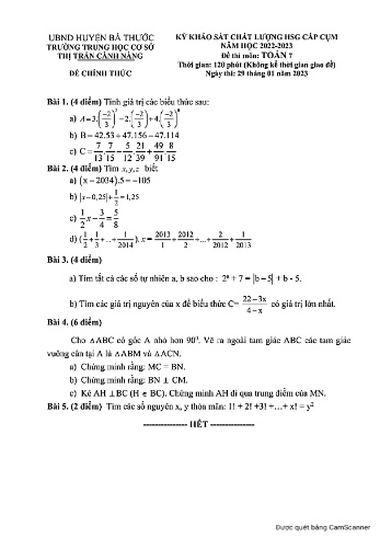 Đề thi khảo sát chất lượng học sinh giỏi cấp Cụm năm học 2022-2023 môn Toán 7 - Trường THCS Thị trấn Cành Nàng