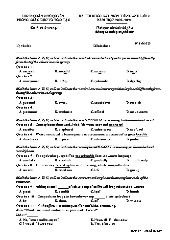 Đề thi khảo sát môn Tiếng Anh 9 năm học 2023-2024