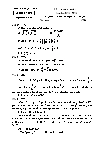Đề thi Olympic năm 2023-2024 môn Toán 7 (Có đáp án)