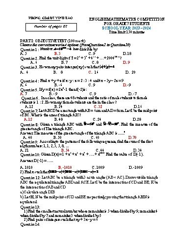 Đề thi Song ngữ môn Toán 7 năm học 2023-2024 (Có đáp án)