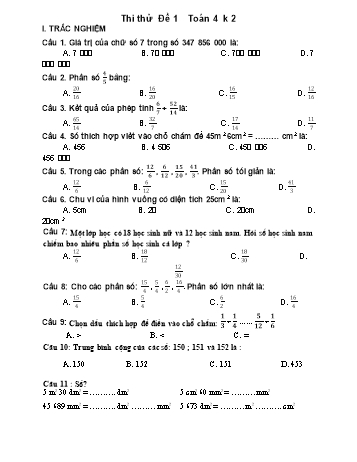 Đề thi thử học kì II môn Toán Lớp 4