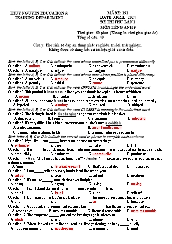 Đề thi thử lần 1 môn Tiếng Anh 9 năm học 2023-2024 (Có đáp án)
