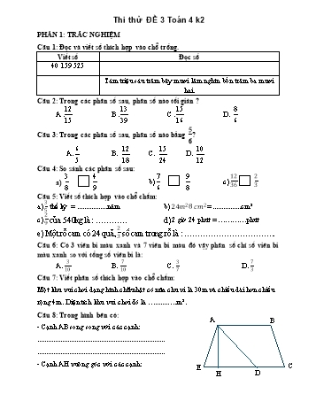 Đề thi thử môn Toán Lớp 4 - Học kì II