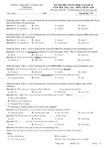 Đề thi thử tuyển sinh vào Lớp 10 năm học 2023-2024 môn Tiếng Anh (Mã đề 330) (Có đáp án)