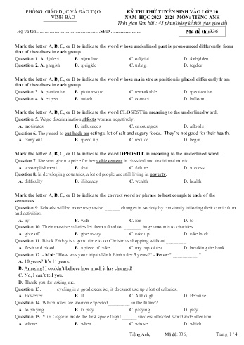 Đề thi thử tuyển sinh vào Lớp 10 năm học 2023-2024 môn Tiếng Anh (Mã đề 336) (Có đáp án)