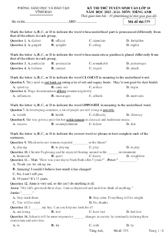 Đề thi thử tuyển sinh vào Lớp 10 năm học 2023-2024 môn Tiếng Anh (Mã đề 339) (Có đáp án)