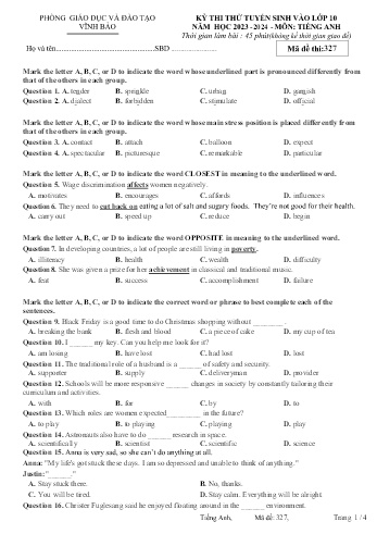 Đề thi thử tuyển sinh vào Lớp 10 năm học 2023-2024 môn Tiếng Anh (Mã đề 327) (Có đáp án)