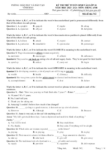 Đề thi thử tuyển sinh vào Lớp 10 năm học 2023-2024 môn Tiếng Anh (Mã đề 342) (Có đáp án)