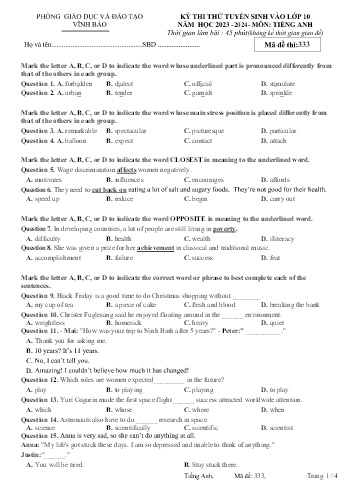Đề thi thử tuyển sinh vào Lớp 10 năm học 2023-2024 môn Tiếng Anh (Mã đề 333) (Có đáp án)