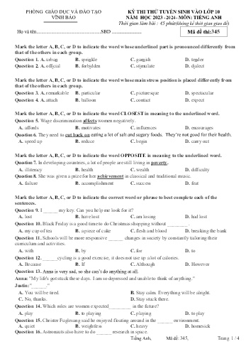 Đề thi thử tuyển sinh vào Lớp 10 năm học 2023-2024 môn Tiếng Anh (Mã đề 345) (Có đáp án)