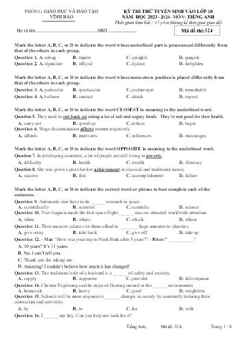 Đề thi thử tuyển sinh vào Lớp 10 năm học 2023-2024 môn Tiếng Anh (Mã đề 324) (Có đáp án)