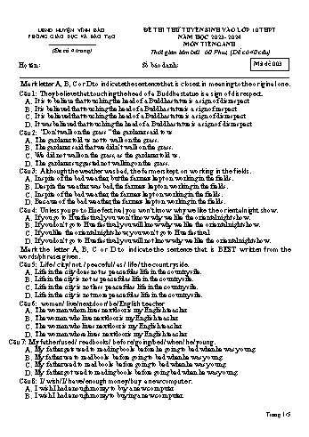 Đề thi thử tuyển sinh vào Lớp 10 THPT Năm học 2023-2024 môn Tiếng Anh (Mã đề 003) (Có đáp án)