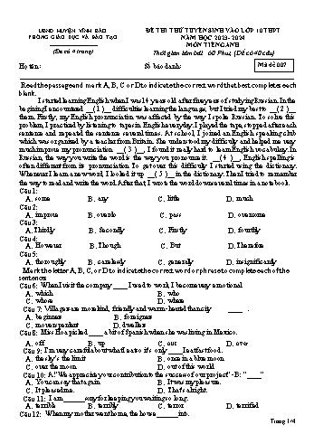 Đề thi thử tuyển sinh vào Lớp 10 THPT Năm học 2023-2024 môn Tiếng Anh (Mã đề 007) (Có đáp án)