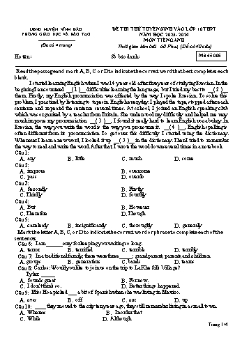 Đề thi thử tuyển sinh vào Lớp 10 THPT Năm học 2023-2024 môn Tiếng Anh (Mã đề 005) (Có đáp án)