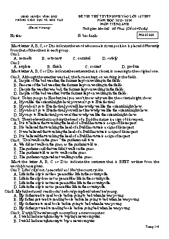 Đề thi thử tuyển sinh vào Lớp 10 THPT Năm học 2023-2024 môn Tiếng Anh (Mã đề 002) (Có đáp án)