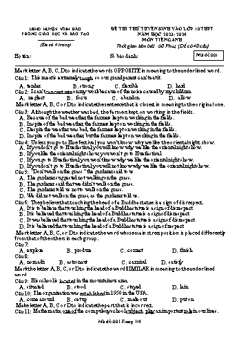 Đề thi thử tuyển sinh vào Lớp 10 THPT Năm học 2023-2024 môn Tiếng Anh (Mã đề 001) (Có đáp án)