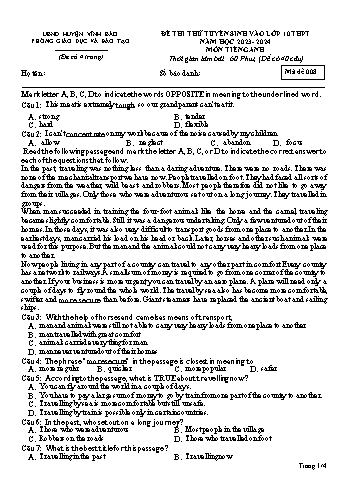 Đề thi thử tuyển sinh vào Lớp 10 THPT Năm học 2023-2024 môn Tiếng Anh (Mã đề 008) (Có đáp án)