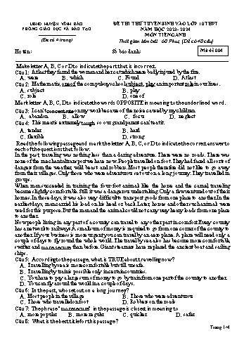 Đề thi thử tuyển sinh vào Lớp 10 THPT Năm học 2023-2024 môn Tiếng Anh (Mã đề 004) (Có đáp án)
