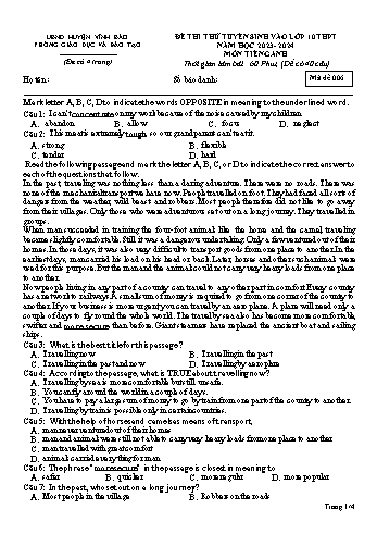 Đề thi thử tuyển sinh vào Lớp 10 THPT Năm học 2023-2024 môn Tiếng Anh (Mã đề 006) (Có đáp án)