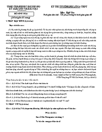 Đề thi tuyển sinh Lớp 10 THPT môn Ngữ Văn (Có đáp án)