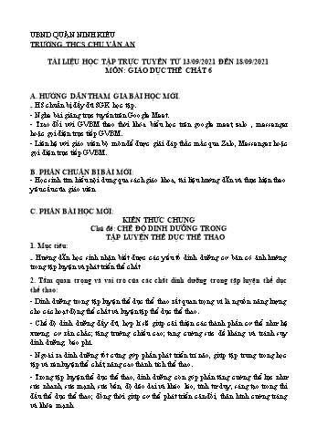 Kế hoạch bài dạy Giáo dục thể chất 6 - Chủ đề: Chế độ dinh dưỡng trong tập luyện thể dục thể thao + Chủ đề: Bài thể dục - Năm học 2021-2022 - Trường THCS Chu Văn An