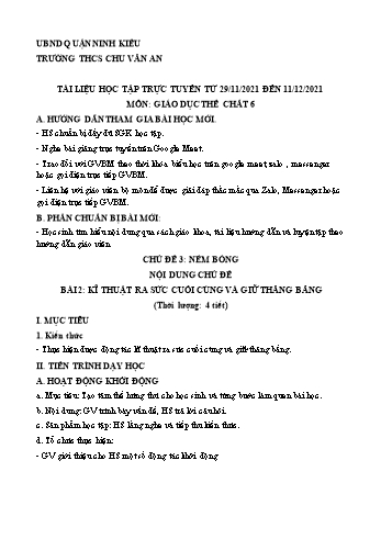Kế hoạch bài dạy Giáo dục thể chất 6 - Chủ đề: Ném bóng - Bài 2: Kĩ thuật ra sức cuối cùng và giữ thăng bằng - Năm học 2021-2022 - Trường THCS Chu Văn An