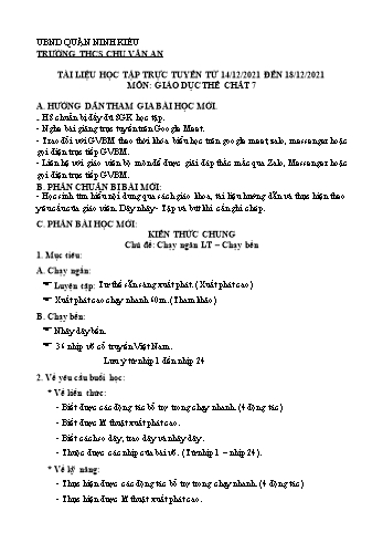 Kế hoạch bài dạy Giáo dục thể chất 7 - Chủ đề: Chạy ngắn LT. Chạy bền - Năm học 2021-2022 - Trường THCS Chu Văn An