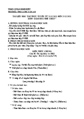 Kế hoạch bài dạy Giáo dục thể chất 7 - Chủ đề: Ôn tập kiểm tra học kì I - Năm học 2021-2022 - Trường THCS Chu Văn An