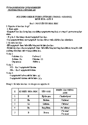 Kế hoạch bài dạy Hóa học 8 - Tuần 3 - Bài 5: Nguyên tố hóa học + Bài 6: Đơn chất và hợp chất. Phân tử (Tiết 1) - Trường THCS Chu Văn An