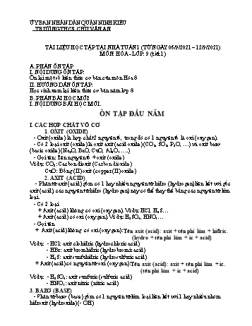 Kế hoạch bài dạy Hóa học 9 - Tuần 1 - Năm học 2021-2022 - Trường THCS Chu Văn An