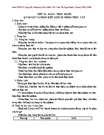 Kế hoạch bài dạy Khoa học tự nhiên 6 - Bài 35: Thực hành, quan sát và phân biệt một số nhóm thực vật - Năm học 2023-2024 - Trần Thị Ngọc Oanh