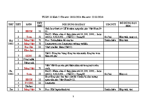 Kế hoạch bài dạy Khối 5 - Tuần 11 - Năm học 2024-2025 - Trần Thị Ánh Tuyết