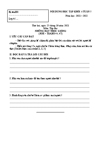 Kế hoạch bài dạy Lớp 4 - Tuần 5 - Năm học 2021-2022