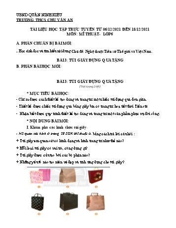 Kế hoạch bài dạy Mĩ thuật 6 - Bài 3: Túi giấy đựng quà tặng - Năm học 2021-2022 - Trường THCS Chu Văn An