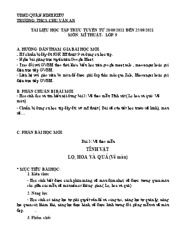 Kế hoạch bài dạy Mĩ thuật 9 - Bài 3: Lọ, hoa và quả (Vẽ màu) - Năm học 2021-2022 - Trường THCS Chu Văn An