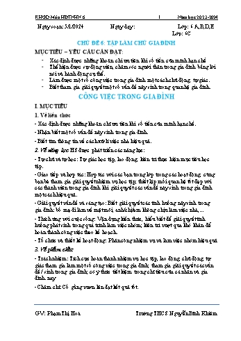 Kế hoạch bài dạy môn Hoạt động trải nghiệm hướng nghiệp 6 - Chủ đề 6: Tập làm chủ gia đình - Năm học 2023-2024 - Phạm Thị Hòa