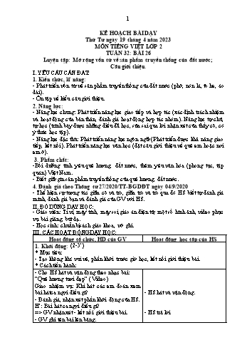 Kế hoạch bài dạy môn Tiếng Việt 2 - Tuần 32, Bài 26: Luyện tập Mở rộng vốn từ về sản phẩm truyền thống của đất nước. Câu giới thiệu - Năm học 2022-2023